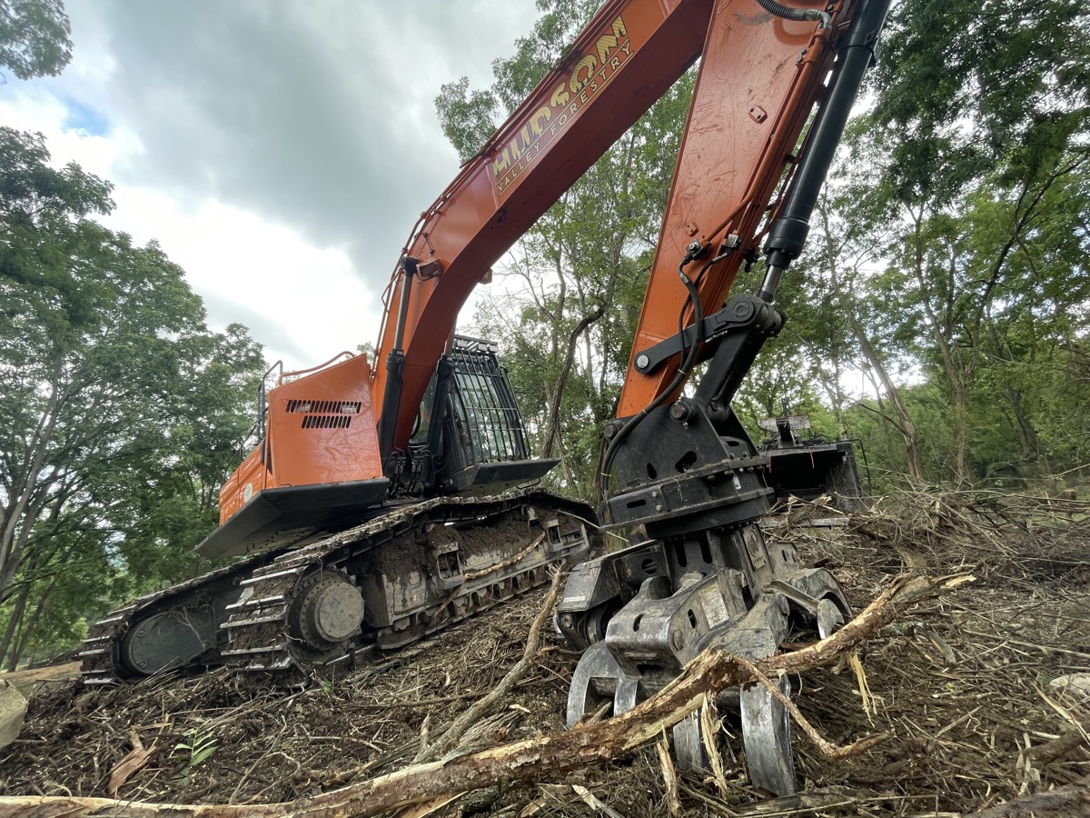 Excavator with grapple attachment