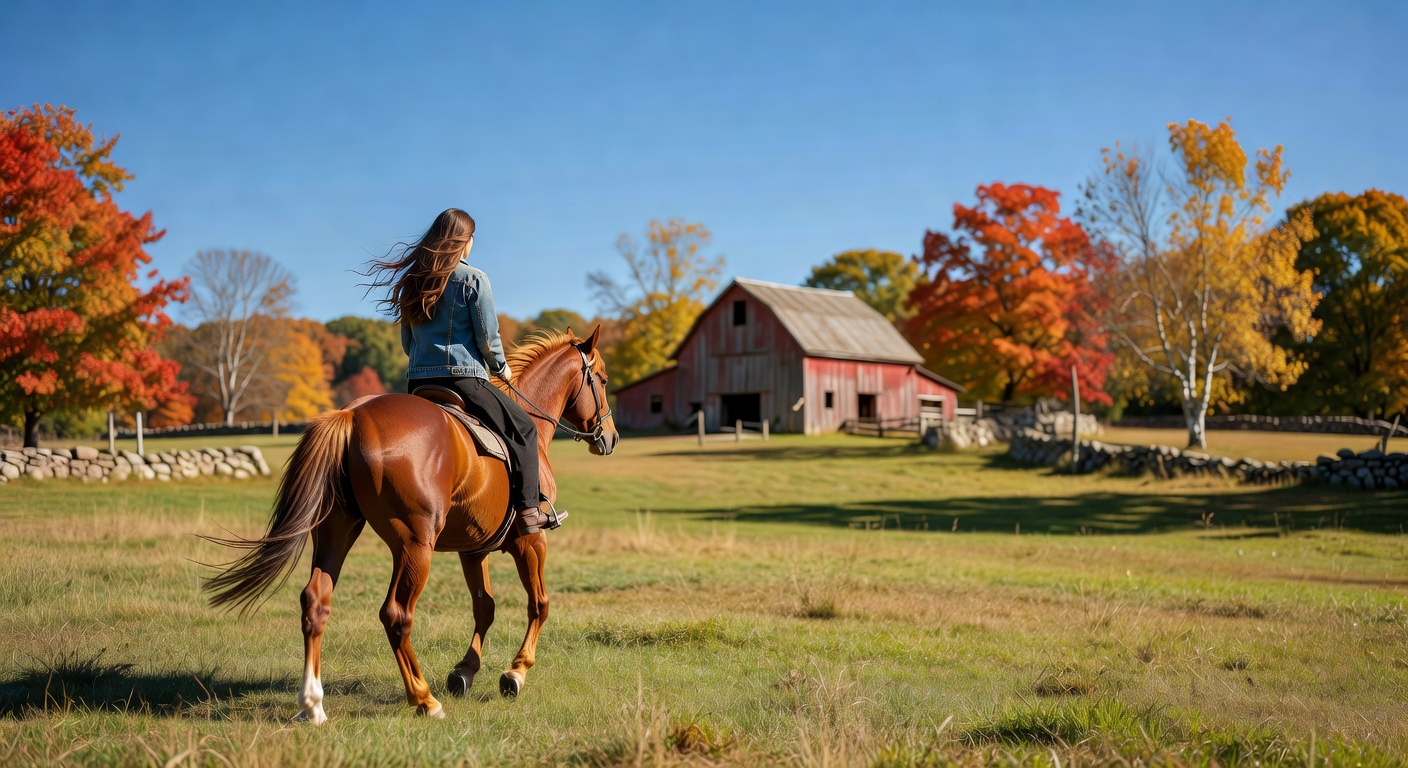 Riders on horseback across a New England farm on a bluebird autumn day