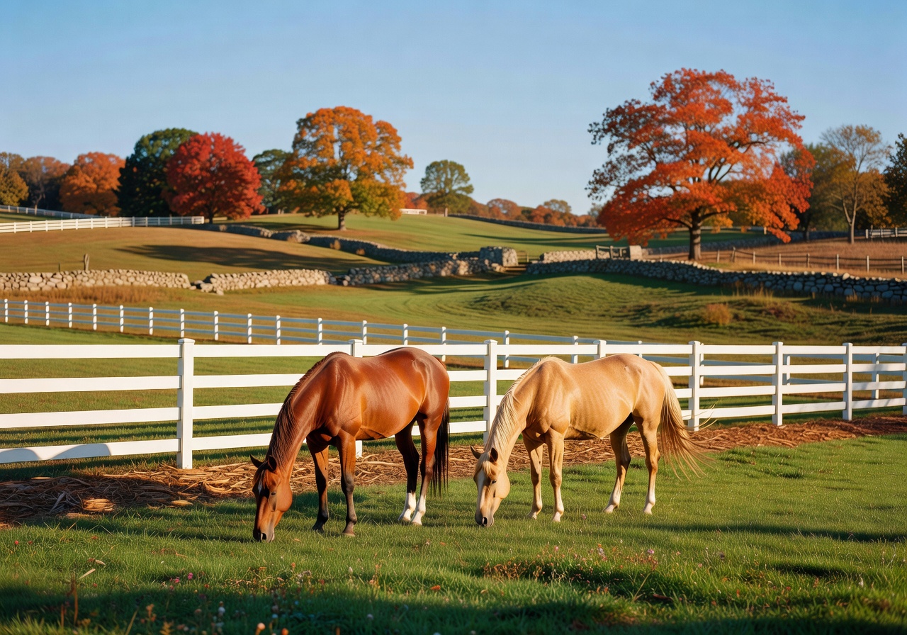 Two horses grazing in a well-maintained pasture with clean fencing and autumn foliage